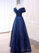 Blue Satin Long A-line Formal Dress Prom Dress, Off Shoulder Blue Evening Dress